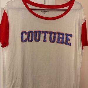 Juicy Couture Red and White Tee with Blue Lettering